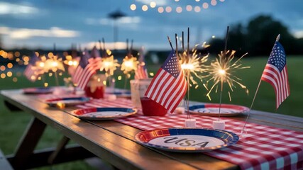 Festive Fourth of July celebration with sparklers and American flags on a charming picnic table, evoking a sense of joy and patriotism in the summer twilight - Powered by Adobe