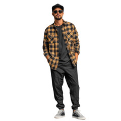 Naklejka premium A man in a plaid shirt, black pants, cap, and sunglasses poses against a transparent background. background removed