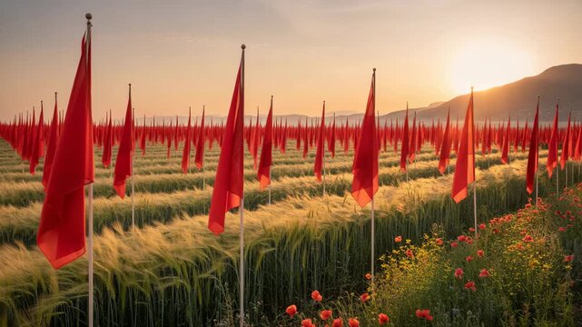 Vibrant field of red flags waving gently in the breeze at sunset, creating a powerful visual statement in a golden hour landscape with wildflowers