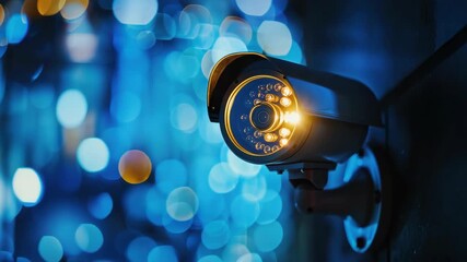Surveillance camera system monitoring city streets at night with bokeh background. Surveillance camera for public safety and private security uses digital video data and facial recognition. - Powered by Adobe