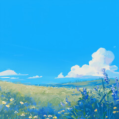 Obraz premium 日本のアニメーション風に描かれた幻想的な花畑のイラスト。青空がどこまでも続き、色とりどりの花々が咲き誇る風景が広がり、観賞用ポスターや壁紙、物語の背景素材としても最適な美しいデザイン。