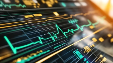 Abstract medical display featuring heartbeat rhythm and vital signs monitoring