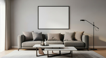 Modern living room with grey sofa and blank framed artwork on wall