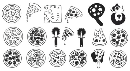 Collection of various pizza illustrations and toppings in black and white