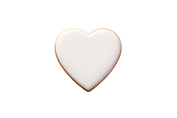 Single heart-shaped cookie with white icing and golden brown edges on plain background, isolated on a transparent background