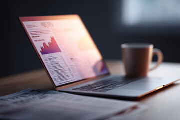 Obraz premium Laptop displaying data charts, next to a newspaper and mug. Perfect for illustrating finance, business news, analysis, and modern work life.