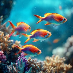Fototapeta premium Colorful Tropical Fish Swimming Among Vibrant Coral Reef Underwater
