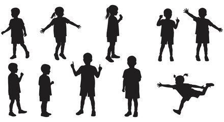 Silhouettes of children in various poses and movements on white background