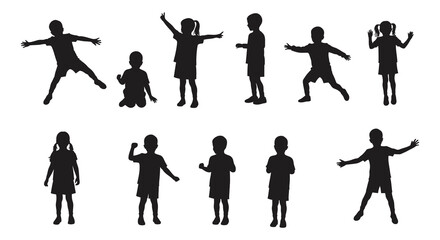 Children in various playful poses and dance movements in silhouette