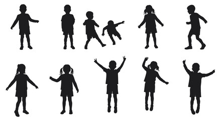 Black silhouettes of children in various playful poses and movements together