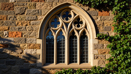 Gothic arched window with intricate details on stone wall  