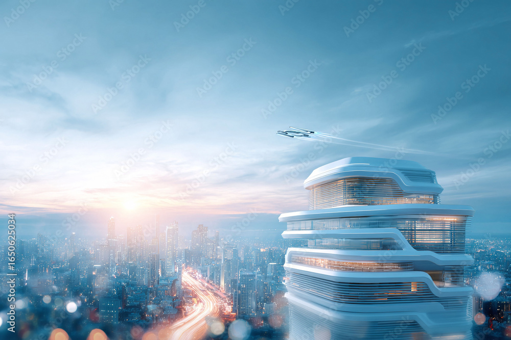 Poster futuristic cityscape with sleek architecture and a passing aircraft suggesting innovation and advanc