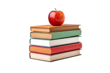 A red apple rests on top of five stacked hardcover books of different colors, isolated on a transparent background
