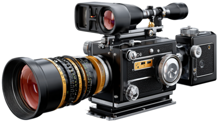 Vintage Movie Camera: A classic, cinematic movie camera, intricately detailed and robust, ready to capture timeless moments. This symbol of artistry embodies the spirit of filmmaking.