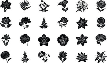 Black Floral Silhouette Vector Icons Collection – Decorative Botanical Flowers, Plants, and Nature Clipart Bundle for Logos, Patterns, Invitations, Crafts, and Digital Graphic Design