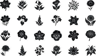 Black Floral Silhouette Vector Icons Collection – Decorative Botanical Flowers, Plants, and Nature Clipart Bundle for Logos, Patterns, Invitations, Crafts, and Digital Graphic Design