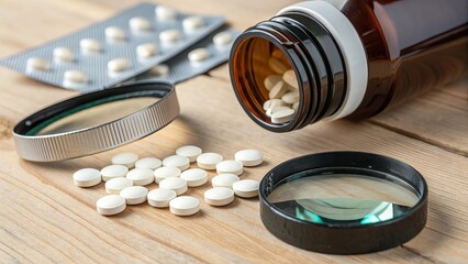 Magnifying glass examining scattered white pills next to a medicine bottle and blister pack