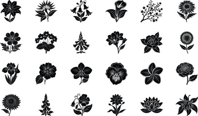 Black Floral Silhouette Vector Icons Collection – Decorative Botanical Flowers, Plants, and Nature Clipart Bundle for Logos, Patterns, Invitations, Crafts, and Digital Graphic Design