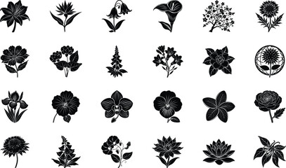 Black Floral Silhouette Vector Icons Collection – Decorative Botanical Flowers, Plants, and Nature Clipart Bundle for Logos, Patterns, Invitations, Crafts, and Digital Graphic Design