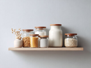 Elegant still life featuring glass jars with grains, pasta, and milk on a wooden shelf against a neutral background. Ideal for kitchen, pantry, or minimalist concepts.