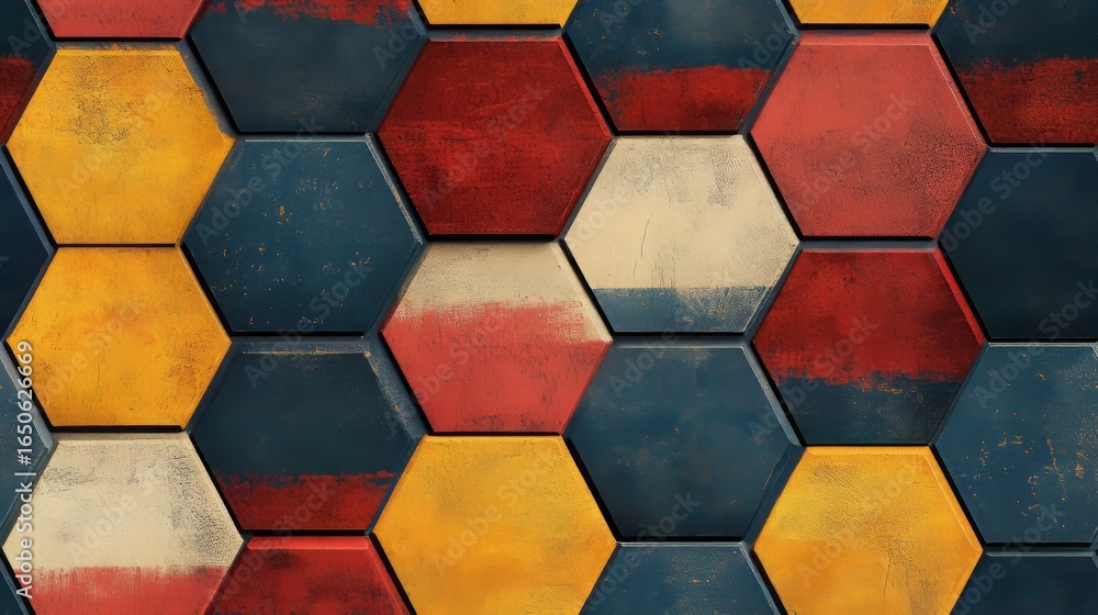 Poster modern, abstract, 3d render image with a seamless pattern of hexagons with a distressed, rustic text
