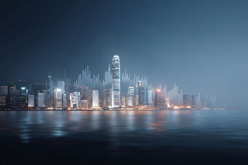 Futuristic cityscape at night, reflecting on calm water, overlaid with data graphs. Conceptual image for finance, technology, and urban growth. Striking visual for presentations.