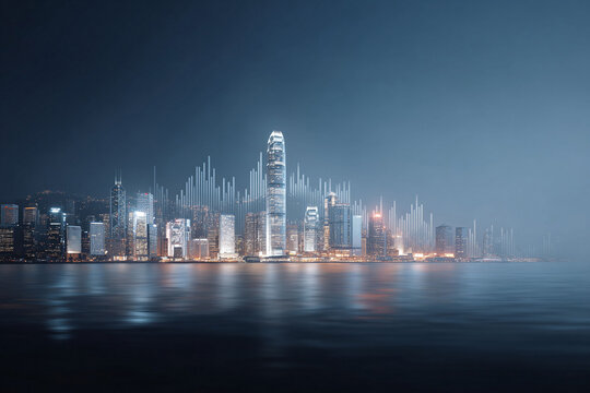 Futuristic cityscape at night, reflecting on calm water, overlaid with data graphs. Conceptual image for finance, technology, and urban growth. Striking visual for presentations.