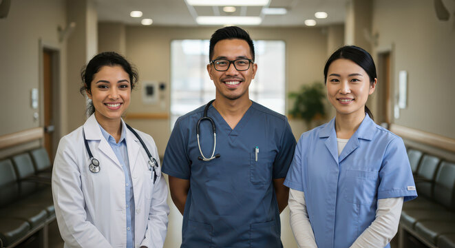 Smiling diverse healthcare team, doctor and colleagues in hospital