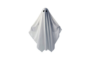 Fototapeta premium Traditional Halloween ghost figure in white sheet with black eye holes and natural fabric folds, isolated on a transparent background