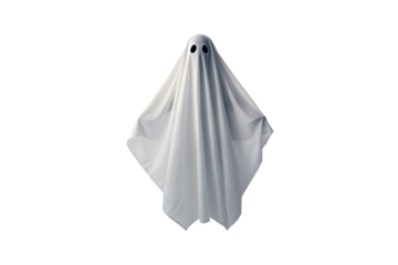 Traditional Halloween ghost figure in white sheet with black eye holes and natural fabric folds, isolated on a transparent background