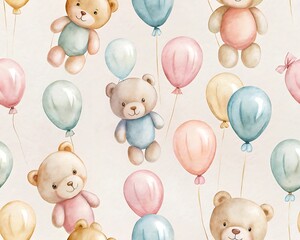 Charming watercolor seamless pattern featuring adorable teddy bears and pastel balloons perfect for baby shower and nursery decor