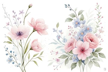 Fototapeta premium Delicate watercolor floral arrangements featuring soft pink roses and poppies with subtle blue and green foliage on a white background