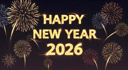 Happy New Year 2026 Golden Text with Festive Fireworks on a Dark Background.