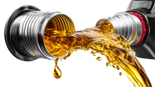Engine Oil Pour: A close-up view captures the smooth flow of high-quality engine oil as it is being poured, with a singular droplet suspended below. highlighting the golden hues of the lubricant