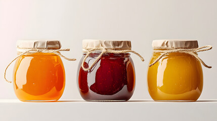 Three jars filled with honey and jam, sealed with cloth and twine, arranged on a white surface.