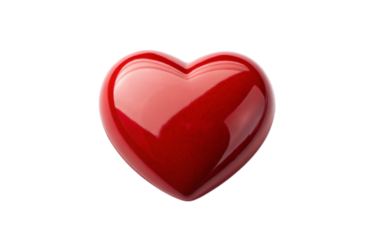 Glossy red heart shape with smooth curved surface and reflective shine creating romantic love symbol, isolated on a transparent background