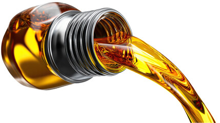 Oil Flow: A sleek metal bottle pours a stream of radiant, golden oil, capturing the essence of automotive care, energy and fluid mechanics, against a pristine, neutral backdrop.