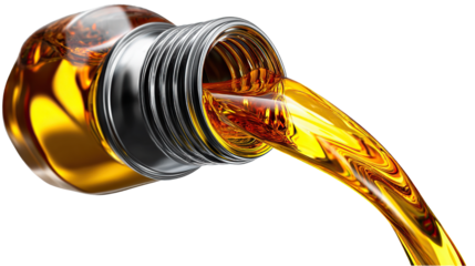Oil Flow: A sleek metal bottle pours a stream of radiant, golden oil, capturing the essence of automotive care, energy and fluid mechanics, against a pristine, neutral backdrop.