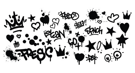 Collection of graffiti style icons and words on white background