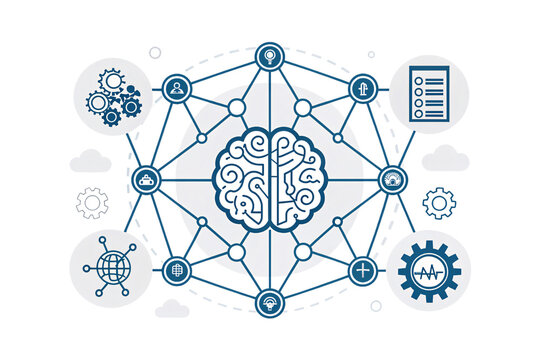 Neural network diagram with brain icon surrounded by connected nodes and technology symbols representing artificial intelligence, isolated on a transparent background