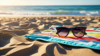Beach Bliss: Sunglasses on Striped Towel, Golden Sand, Ocean Horizon