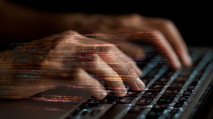 Hands typing on laptops with ai code or holograms 
