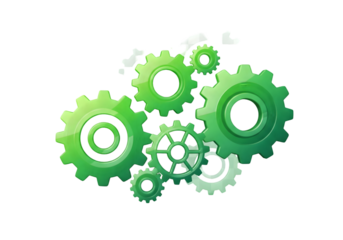 Dynamic green gears interlocked, symbolizing teamwork, innovation, and technology solutions for success