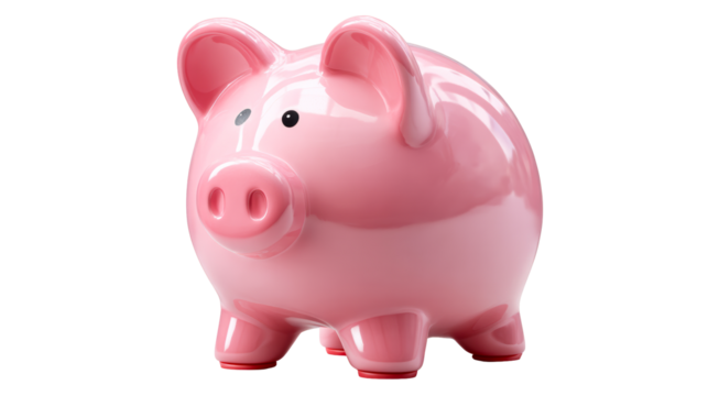 Shiny pink piggy bank with black eye and red feet on a white background