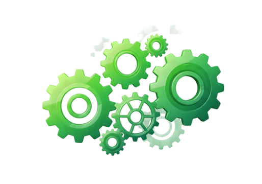 Dynamic green gears interlocked, symbolizing teamwork, innovation, and technology solutions for success