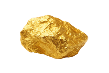 Large irregular golden nugget displaying natural metallic texture and rough mineral surface formation properties, isolated on a transparent background
