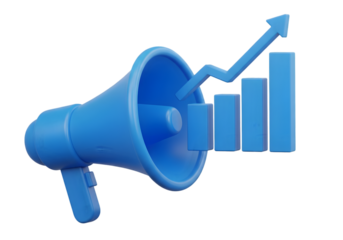 Blue megaphone with upward trending bar graph symbolizing successful marketing and business growth strategies