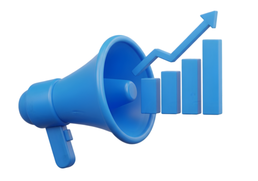 Blue megaphone with upward trending bar graph symbolizing successful marketing and business growth strategies