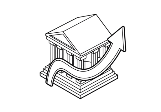 Ancient Greek building with rising arrow symbolizes financial growth and economic progress.