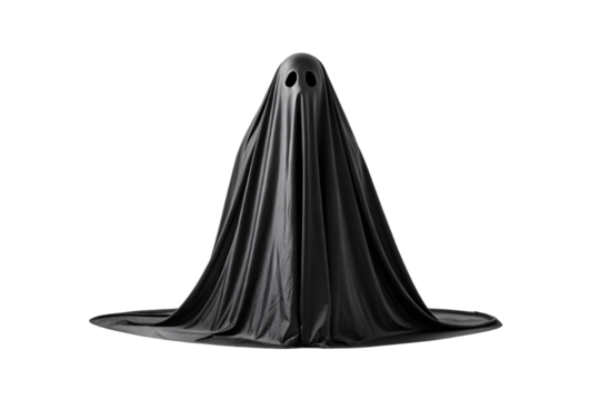 Traditional sheet ghost with two round eye holes in billowing dark cloth, isolated on a transparent background